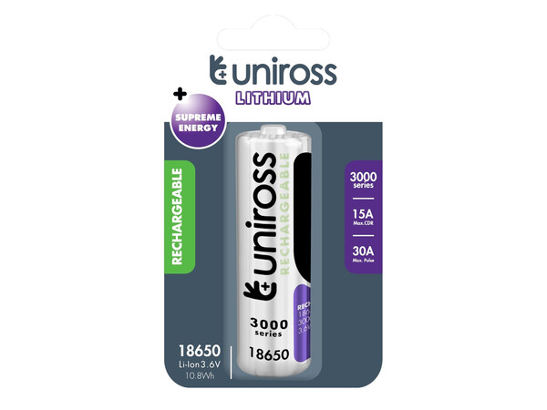 Uniross Rechargeable 18650BT Lithium Battery 3000mAh U1BT1830SP