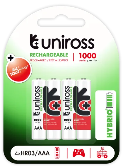 Uniross AAA 1000 Hybrio Rechargable Batteries 4Pcs