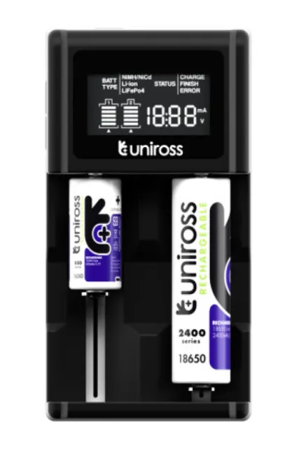 Uniross UCX004 Smart Fast Charger (2-3 hrs) for 24 Types of NiMH & Lithium Batteries (USB & 12V Powered) with LCD Display