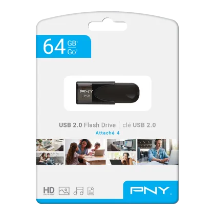 PNY Flash Drive Attache 4 USB 2.0 Stick 64GB Capless Slider Black FD64GATT4