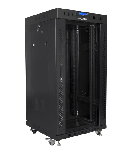 Lanberg Free Standing Cabinet 19'' with Glass Door 22U 60cm Ventilation Panel with LCD, 2 Fans & Thermostat Black (not assembled)
