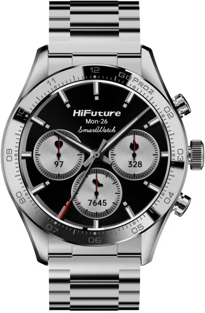 HiFuture GO PRO2 Silver Luxury Swiss-Inspired Elegance Stainless Steel SmartWatch with AMOLED Display, 10 Day Battery, 1ATM
