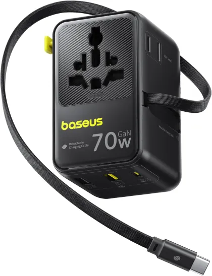 Baseus Charger Wall 70W EnerCore CG11 Universal Travel Adapter with Retractable Cable s Black