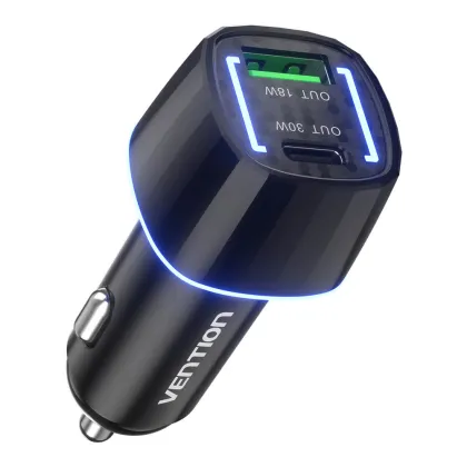 Vention Charger Car 48W 1xUSBC 1xUSBA 30W Max Black FFRB0