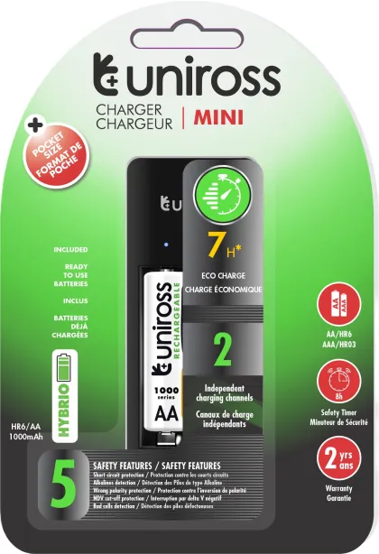 Uniross UCU001B USB Compact Mini Charger with 2x AAA 600 Batteries