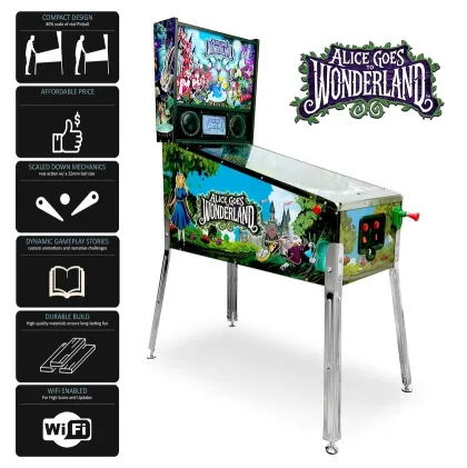 Alice Goes to Wonderland Home Pinball Machine with Real Flippers, Bumpers, Ramps & Multiball, Wi-Fi High Scores, Custom Art