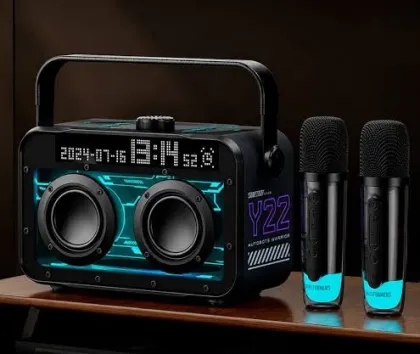 Transformers Y22 Black Portable Karaoke Party Speaker with 2 Wireless Microphones, Lyrics Display & Voice Changer
