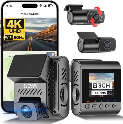 SJCAM M60S 4K 3-Channel Dash Cam Front and Rear and Inside Recording 5GHz Wi-Fi and Sony STARVIS 2 Sensors Dashcam Parking Mode with Pre-Recording HDR Night Vision Car Camera for Car and Taxi Security