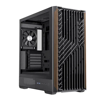 Einarex PC Case ATX P800 Core Black , Wood Front Panel, Tempered Glass Side Panel , 1 Rear Fan Pre-Installed