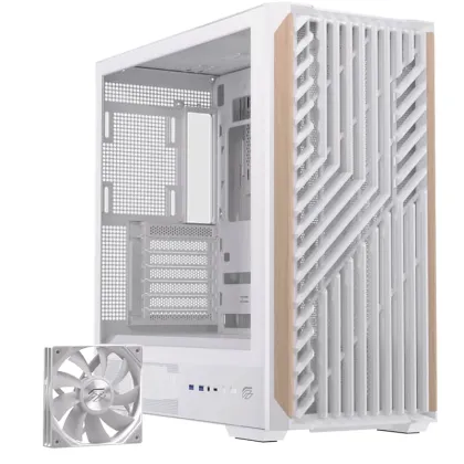 Einarex PC Case ATX P800 Core Black , Wood Front Panel, Tempered Glass Side Panel , 1 Rear Fan Pre-Installed White