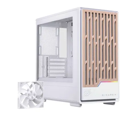 Einarex PC Case mATX PM400 Core, Wood Front Panel, Tempered Glass Side Panel , 1 Rear Fan Pre-Installed,  White