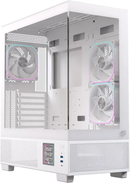 Einarex PC Case ATX S501D RGB , 3x Pre-Installed Fans , Display, White
