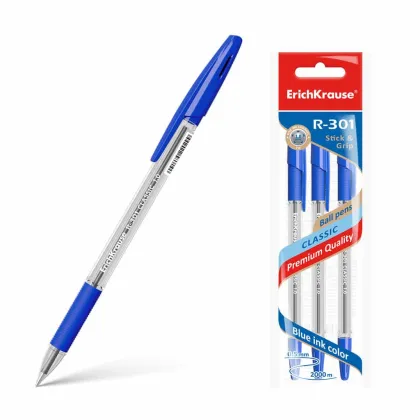 ERICHKRAUSE BALLPOINT PEN R-301 STICK&amp;GRIP CLASSIC 1.0 BLUE 3PCS PACK 42747