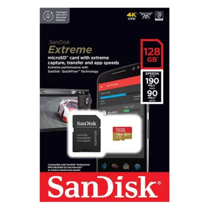 SANDISK Extreme microSDXC128GB + SD Adapter For Action/Digital Cameras 190MB/s A2 C10 V30 UHS-I U3 4K