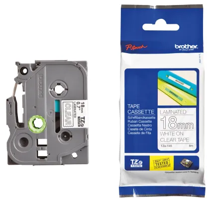 BROTHER LAMINATED 18MM WHITE ON CLEAR 8M P-TOUCH TAPE