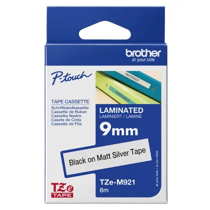 BROTHER TZE-M921 BLACK ON MATTE SILVER LAMINATED TAPE - 9mm x 8m, FOR P-TOUCH LABEL MAKERS