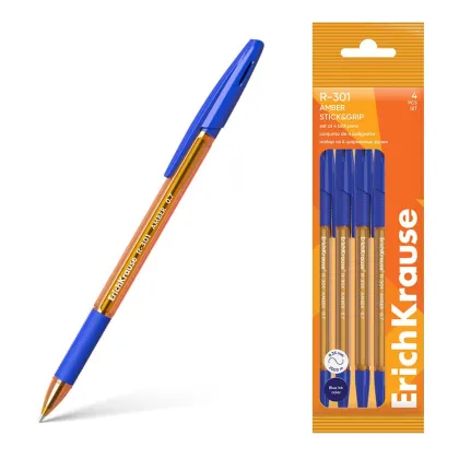 ERICHKRAUSE BALLPOINT PEN R-301 STICK&amp;GRIP AMBER 0.7 BLUE 4PCS PACK 60999