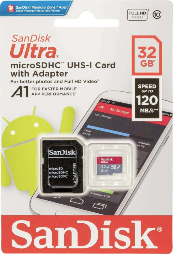 SANDISK Ultra Android microSDHC 32GB + SD Adapter + Memory Zone App 120MB/s A1  Class10 UHS-I